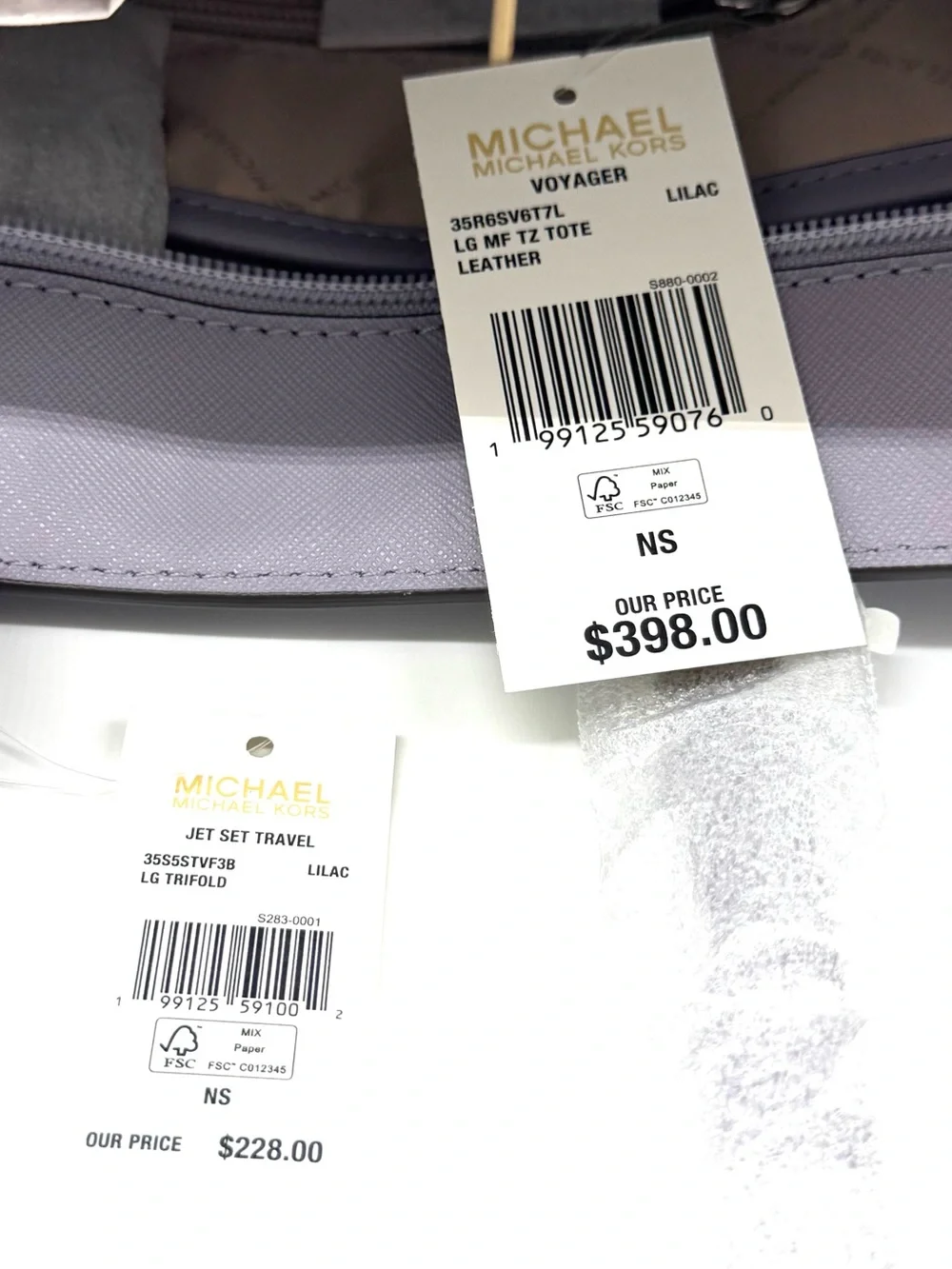 Michael Kors Voyager Large Leather Tote Bag w Matching Trifold Wallet - Lilac